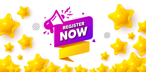Poster - Register now winner banner with 3d stars. Golden stars banner. Register now paper banner. Free registration tag. Megaphone message icon. Review rate background. Vector
