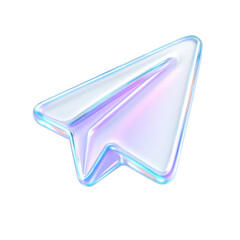 Poster - Semitransparent crystal icon of Stylish translucent paper airplane  glowing in iridescent  colors, representing communication and digital connection in a modern age.