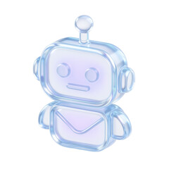 Poster - Transparent glossy robot character with simplistic design, emitting a soft glow, representing futuristic technology and innovation in a digital space.
