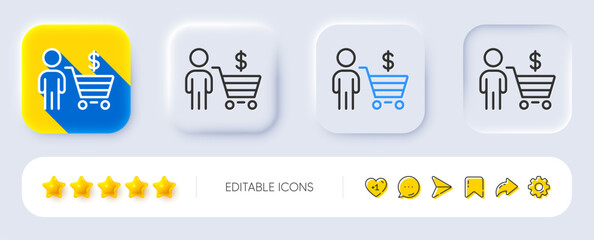 Poster - Buyer with shopping cart line icon. Neumorphic, Flat shadow, 3d buttons. Customer sign. Supermarket client symbol. Line buyer icon. Social media icons. Vector
