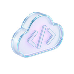 Poster - Semitransparent crystal icon of cloud  with coding symbols representing technology and innovation, glowing softly in pastel colors symbolizing digital development