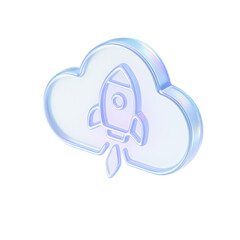 Poster - Semitransparent crystal icon of  Futuristic rocket launching from a cloud, representing innovation, technology, and exploration in a vibrant digital realm with a sleek and modern design.