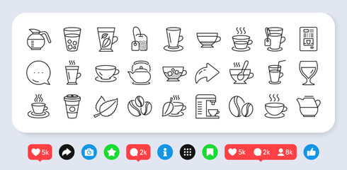 Poster - Coffee and Tea line icons. Social media: share, comment, like icons. Set of Juice with ice, Cappuccino and Latte coffee cup icons. Teapot, Coffeepot and Hot drink with Steam. Vector