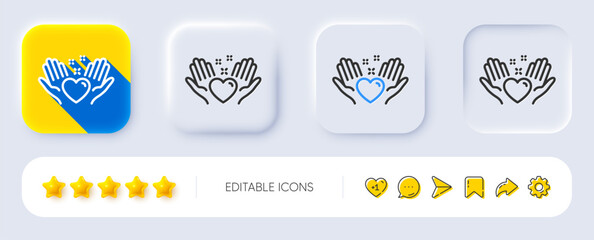 Poster - Hold heart line icon. Neumorphic, Flat shadow, 3d buttons. Friends love sign. Friendship hand symbol. Line hold heart icon. Social media icons. Vector