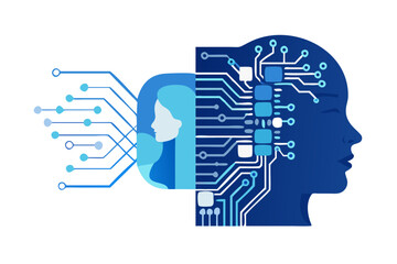 Poster - Artificial intelligence concept with digital brain and human silhouette connected by circuits
