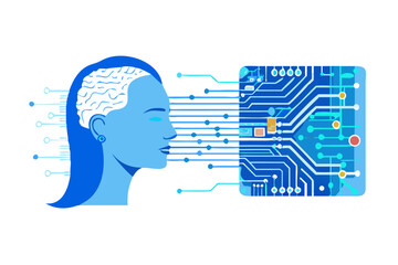 Poster - Human brain connected to a futuristic electronic circuit board symbolizing artificial intelligence