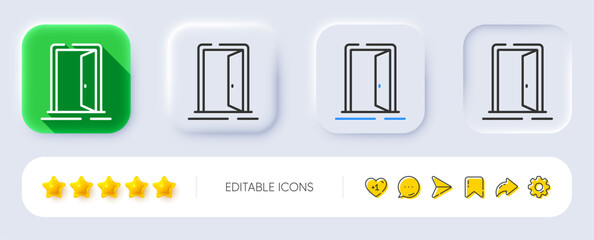Poster - Open door line icon. Neumorphic, Flat shadow, 3d buttons. Entrance doorway sign. Building entry symbol. Line open door icon. Social media icons. Vector