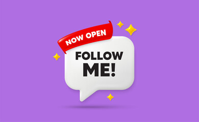 Poster - Follow me ribbon speech bubble. Now open flag ribbon. Follow me tag. Special offer sign. Super offer symbol. 3d sparkle stars speech bubble. Vector