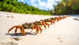 Orange crabs marching in a line on a white beach