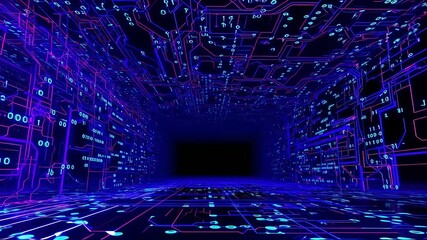 Navigating Neon Circuit Board Tunnel with Digital Data Stream