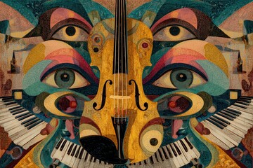 Poster - Abstract representation of music and emotions through vibrant colors and shapes showcasing a violin, eyes, and piano elements in a unique artistic composition