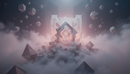 Aufkleber - Surreal geometrical floating figures emerge from wispy clouds around a stylized gateway, radiating a soft, ethereal light.