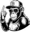 © NAYEM - Cool chimpanzee in sunglasses and baseball cap pointing finger up, black and white vector illustration.
