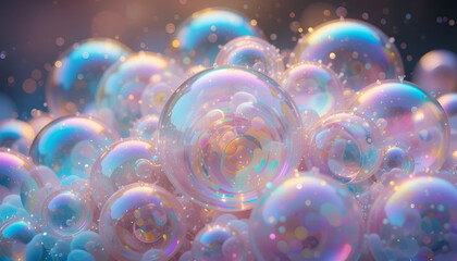 Poster - Many iridescent soap bubbles gather together, creating a whimsical, light-filled composition with soft pastel tones and delicate details.