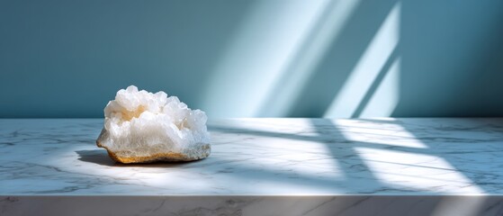 Poster - Close-up of a single white fluffy cloud model or decoration on a smooth marble surface with dramatic sunlight and shadow pattern in a minimalist interior setting