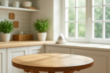 Poster - Empty round wooden table sitting in a bright, blurred kitchen interior, featuring a window and lush plants, offering an ideal backdrop for product placement and stylish presentations