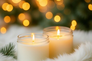 Poster - Two lit candles are standing on a soft white fur rug, emanating a cozy glow against a backdrop of twinkling christmas lights and fir branches, creating a warm and festive ambiance