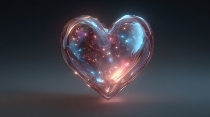 Poster - Glass heart filled with nebula sparkles on dark backdrop emits romantic light, representing love and tenderness, shimmering with iridescent glow and translucent beauty