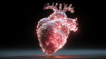 Poster - Glass heart filled with nebula sparkles on dark backdrop emits romantic light, representing love and tenderness, shimmering with iridescent glow and translucent beauty