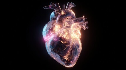 Poster - Glass heart filled with nebula sparkles on dark backdrop emits romantic light, representing love and tenderness, shimmering with iridescent glow and translucent beauty