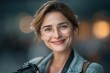 © Velar - The image features a hipster woman, with a beautiful and emotional face, walking down an urban street, alongside a professional photographer in stylish eyeglasses, capturing life through a digital