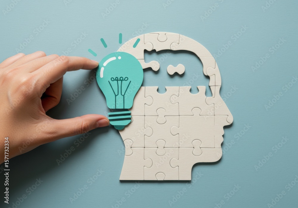 Hand placing a glowing light bulb puzzle piece into a jigsaw puzzle of ...