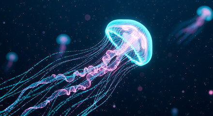Poster - Glowing jellyfish with luminous tentacles in deep blue ocean water