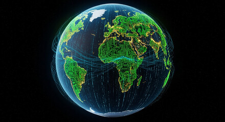 Poster - Digital Earth with global network connections and circuit board patterns