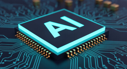 Poster - AI microchip on a circuit board with glowing lines