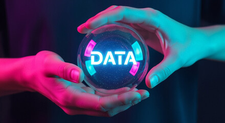 Poster - Hands holding glowing crystal ball with data inside and neon lights