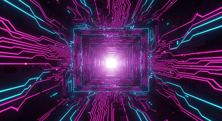 Poster - Digital circuit tunnel with glowing pink and blue lines