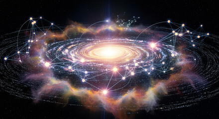 Poster - Abstract network connections overlaying a swirling galaxy in deep space