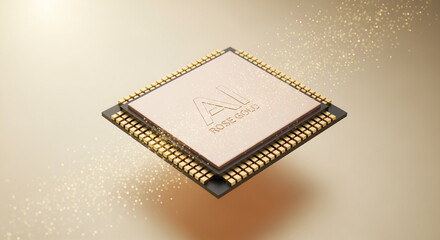 Poster - AI Rose Gold Microchip with Gold Pins and Glittering Particles