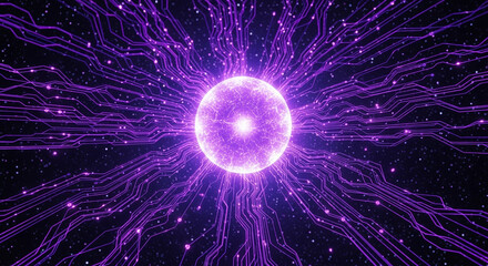 Poster - Glowing purple energy orb with abstract digital circuits and stars