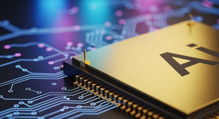 Poster - Golden AI chip on a circuit board with glowing lines