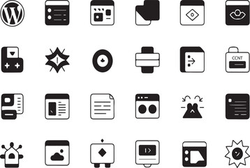 Fototapete - Collection of diverse black and white vector icons representing various digital concepts including technology communication and design elements