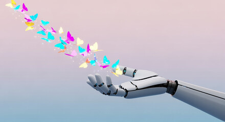 Poster - Robot hand releasing colorful butterflies into a gradient sky
