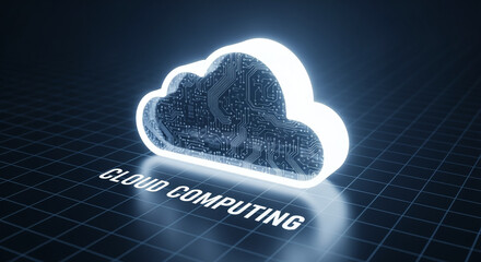 Poster - Glowing cloud computing symbol with circuit board inside on grid background