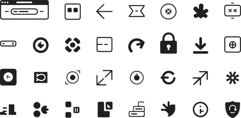 Fototapete - Collection of diverse black and white minimalist vector icons representing various digital functions and actions on a clean white background