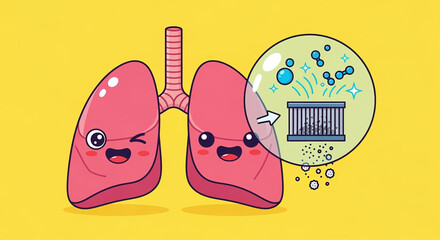 Wall Mural - cute cartoon lungs with air filter and molecules