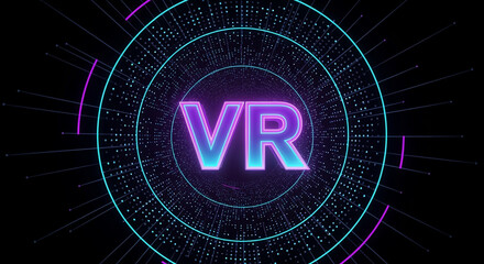 Poster - VR technology abstract digital tunnel with neon lights and glowing particles