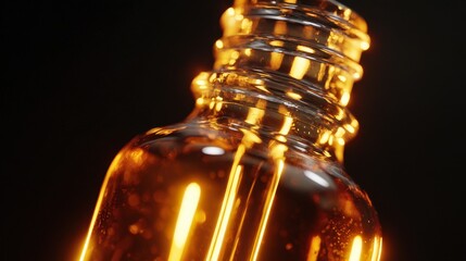 Poster - Golden light reflects inside the opening of a vintage amber bottle on a metallic surface