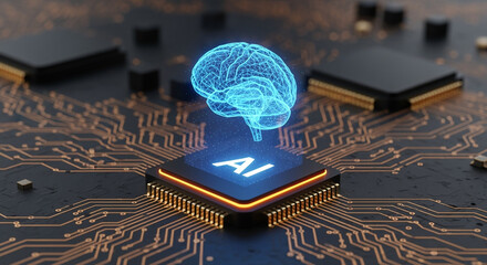 Poster - AI microchip with glowing brain and circuitry