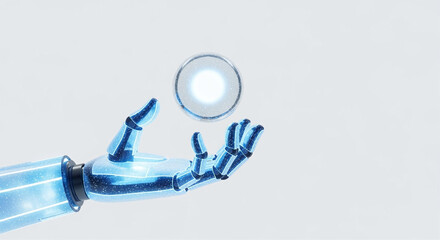 Poster - Robotic hand holding a glowing sphere with futuristic technology