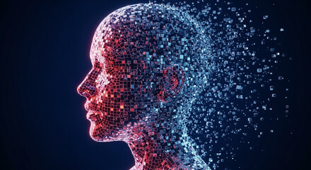 Poster - Digital human head dissolving into abstract cubes and particles