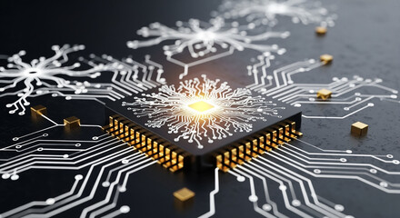 Poster - Close-up of a glowing microchip with intricate circuits and golden components on a dark surface