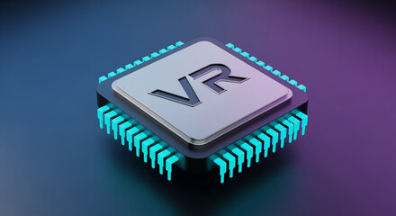 Poster - VR chip with VR logo on a dark background with neon lights