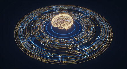 Poster - Digital brain in futuristic circuit design with glowing lines