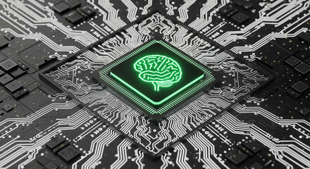Poster - Circuit board with glowing green brain chip symbolizing artificial intelligence technology
