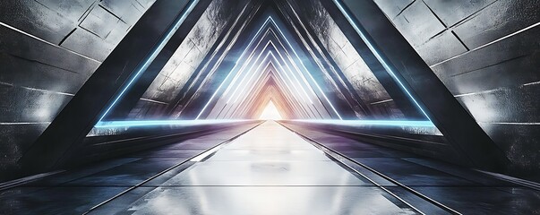 Poster - Empty Long Light Corridor. Modern white background. Futuristic Sci-Fi Triangle Tunnel. 3D Rendering. Geometric Triangle Tunnel Design.